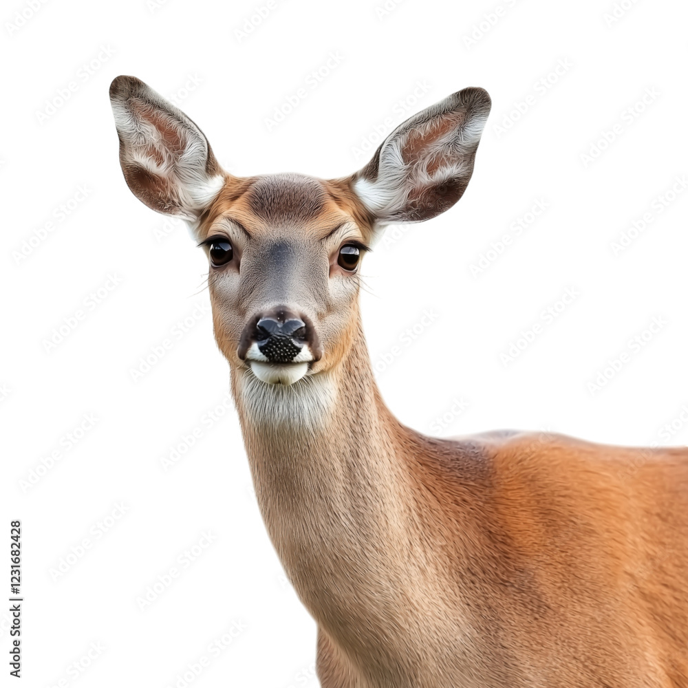 Fototapeta premium A high-resolution close-up portrait of a female deer (doe), showcasing its soft fur and expressive eyes, isolated on a transparent background.