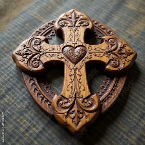 Wooden Trauerkarte with intricate carvings of a cross and heart, death card, german funeral card, beileidskarte photo