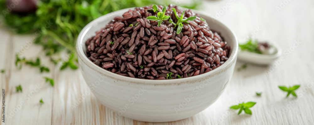 Close up of cooked organic riceberry in white ceramic bowl, garnished with fresh herbs, showcasing its rich color and texture. Perfect for healthy meals Close up of cooked organic riceberry in white ceramic bowl, garnished with fresh herbs, showcasing its rich color and texture. Perfect for healthy meals