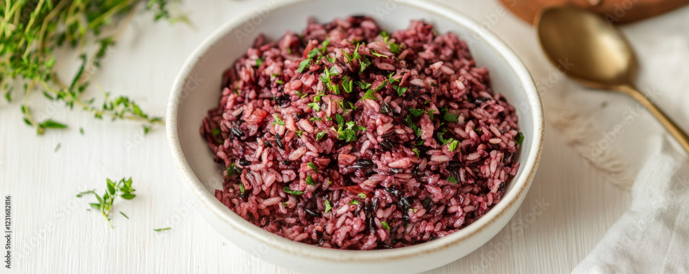 Close up of cooked organic riceberry in white ceramic bowl, garnished with fresh herbs. This vibrant dish showcases rich color and texture of riceberry, perfect for healthy meals Close up of cooked organic riceberry in white ceramic bowl, garnished with fresh herbs. This vibrant dish showcases rich color and texture of riceberry, perfect for healthy meals