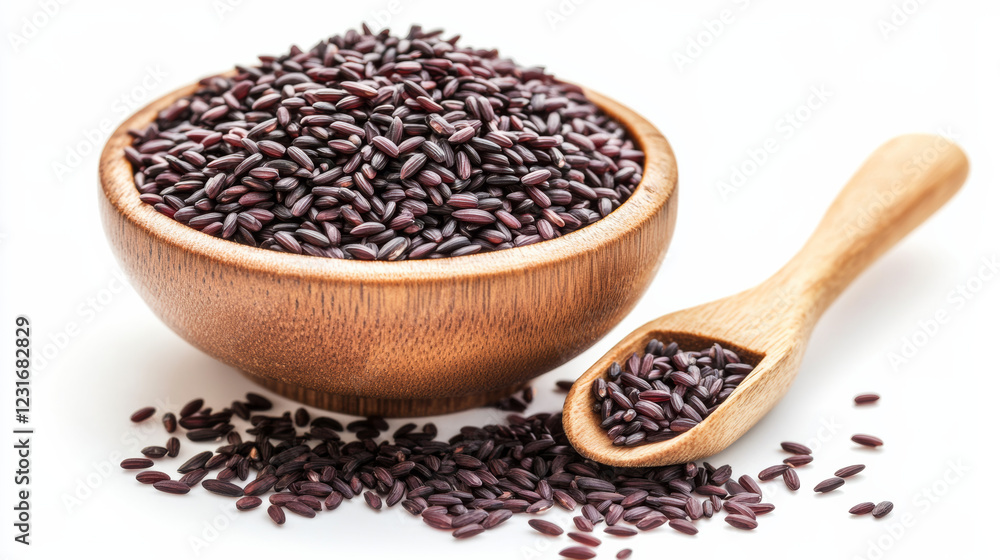 Close up of dark violet riceberry grains in wooden bowl with scoop. rich color and texture of grains create appealing visual, perfect for culinary uses Close up of dark violet riceberry grains in wooden bowl with scoop. rich color and texture of grains create appealing visual, perfect for culinary uses