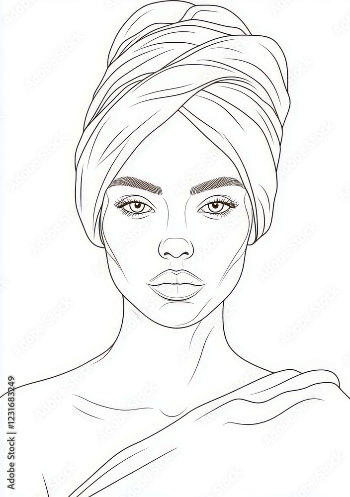 Elegant line art portrait of a woman with a head wrap, showcasing minimalistic beauty and artistry, perfect for modern design projects Elegant line art portrait of a woman with a head wrap, showcasing minimalistic beauty and artistry, perfect for modern design projects