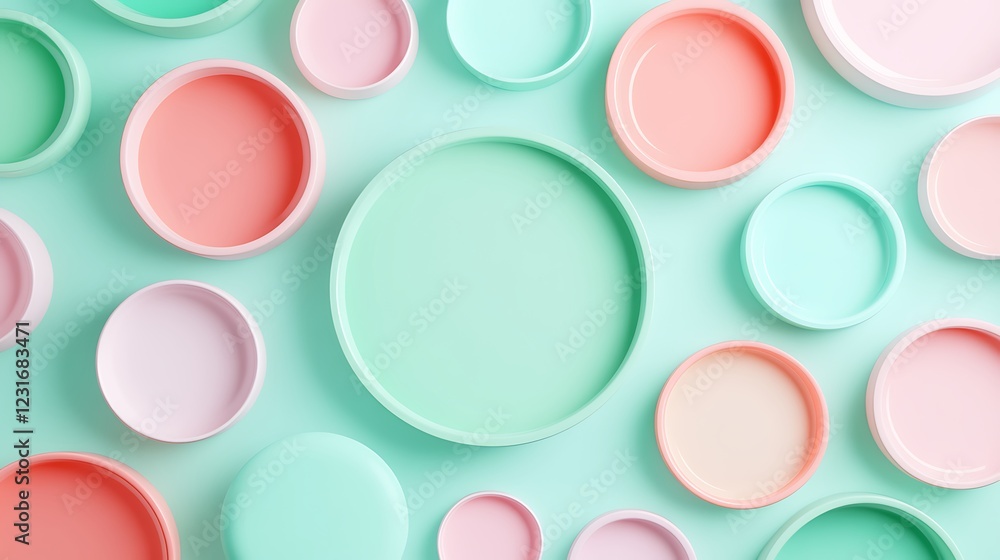 Colorful Circular Containers in Pastel Shades Arranged Artfully on a Soft Mint Background Colorful Circular Containers in Pastel Shades Arranged Artfully on a Soft Mint Background