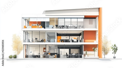 Modern Office Building Section with Orange Accents and Large Windows Showing Desks and Chairs