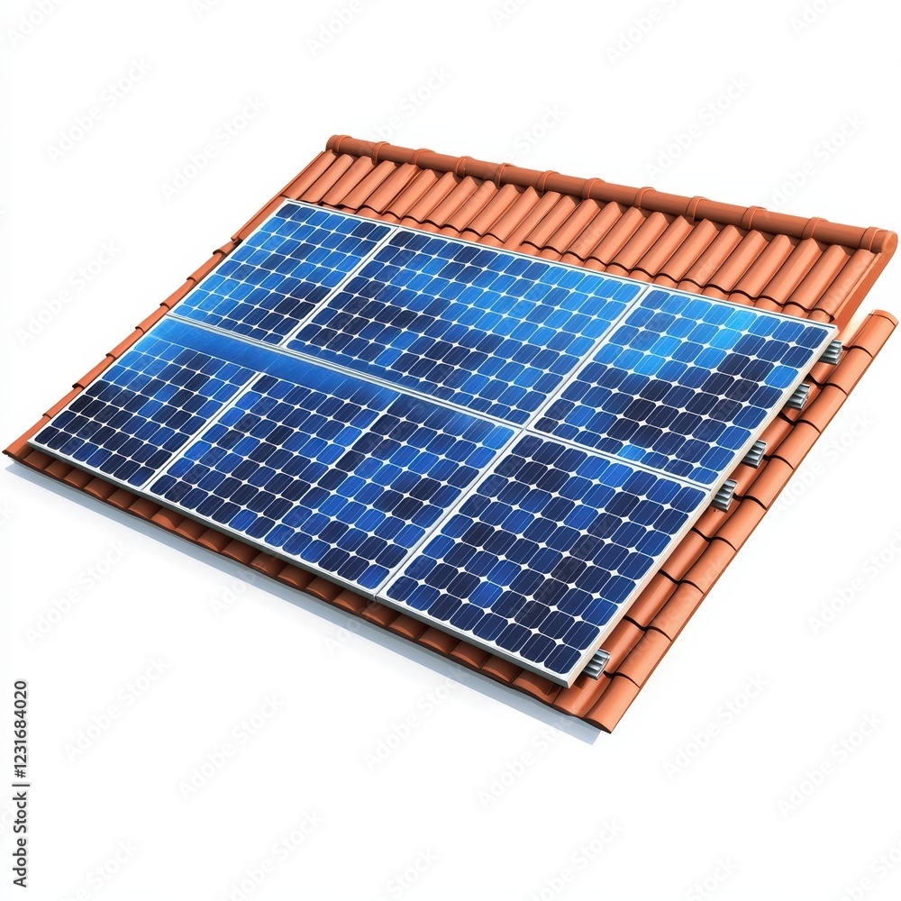 Modern solar panel installed on a house roof, isolated on a clean white background Modern solar panel installed on a house roof, isolated on a clean white background