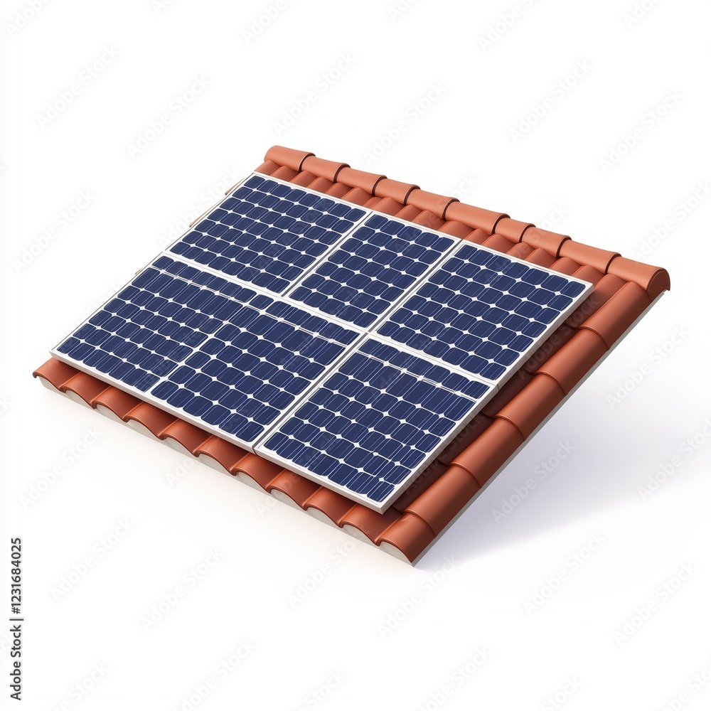 Modern solar panel installed on a house roof, isolated on a clean white background Modern solar panel installed on a house roof, isolated on a clean white background