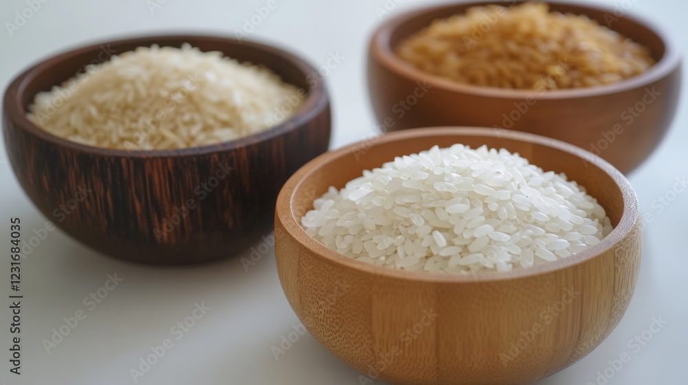 Close up of wooden bowls filled with different types of rice, showcasing white, brown, and paddy rice. vibrant colors and textures create appealing visual display Close up of wooden bowls filled with different types of rice, showcasing white, brown, and paddy rice. vibrant colors and textures create appealing visual display