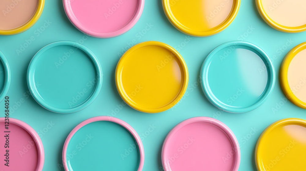 Colorful circular plates arranged in a vibrant pattern on a teal background for creative projects and design Colorful circular plates arranged in a vibrant pattern on a teal background for creative projects and design