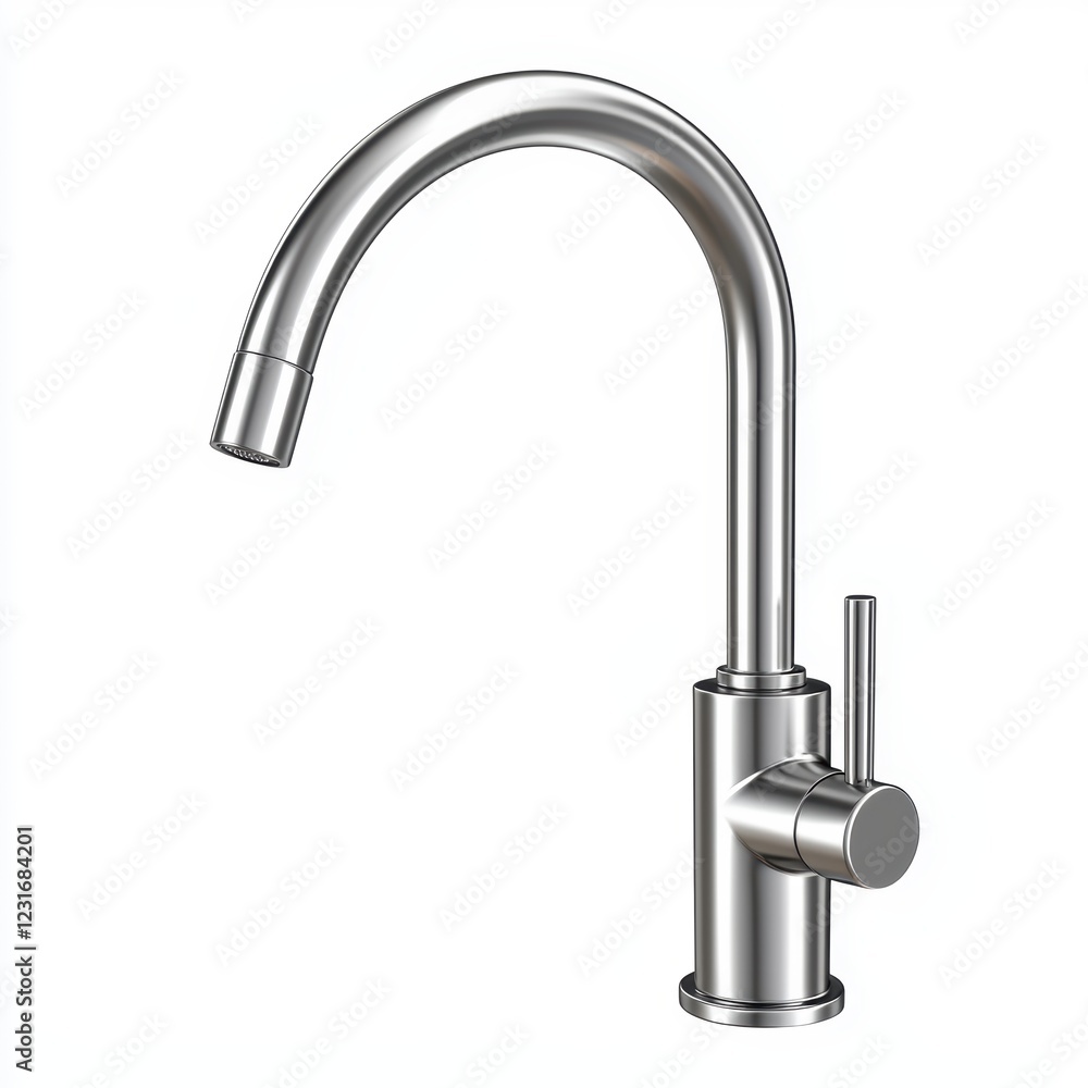 modern stainless steel kitchen faucet with a sleek curved design, isolated on a clean white background modern stainless steel kitchen faucet with a sleek curved design, isolated on a clean white background