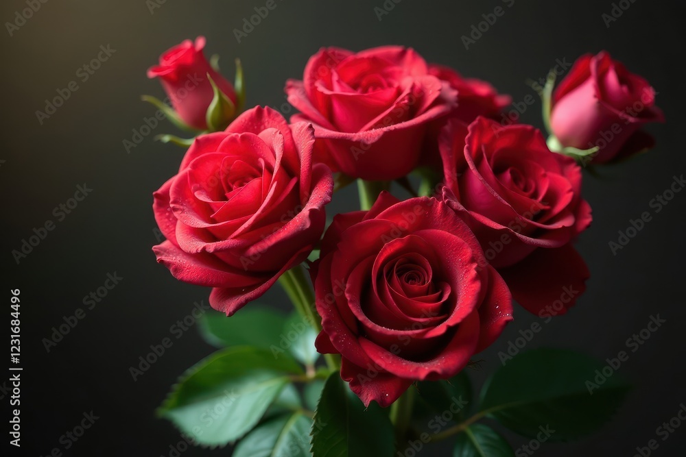A vibrant bouquet of red roses, adorned with delicate dew drops , texture, passion A vibrant bouquet of red roses, adorned with delicate dew drops , texture, passion