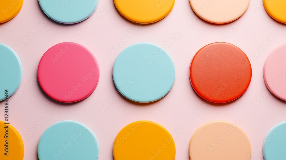 Colorful Circular Shapes Arranged in an Aesthetic Pattern on a Soft Pink Background