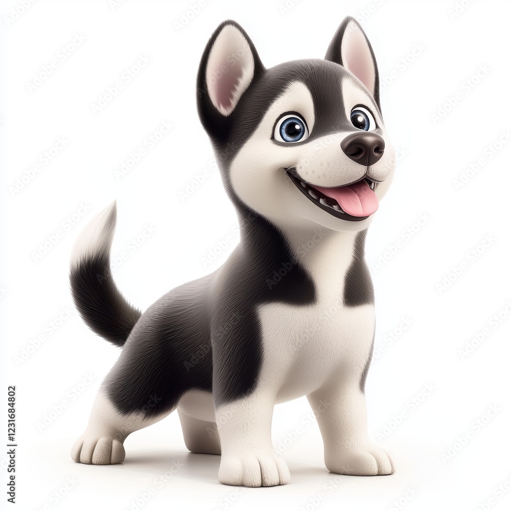 Playful Husky puppy with a black-and-white coat and a wagging tail, placed on a bright white background Playful Husky puppy with a black-and-white coat and a wagging tail, placed on a bright white background