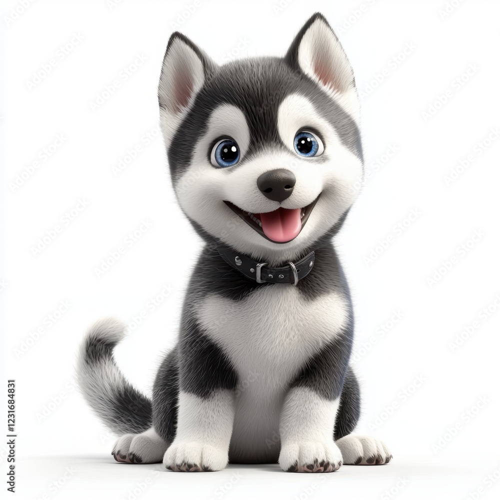 Playful Husky puppy with a black-and-white coat and a wagging tail, placed on a bright white background Playful Husky puppy with a black-and-white coat and a wagging tail, placed on a bright white background