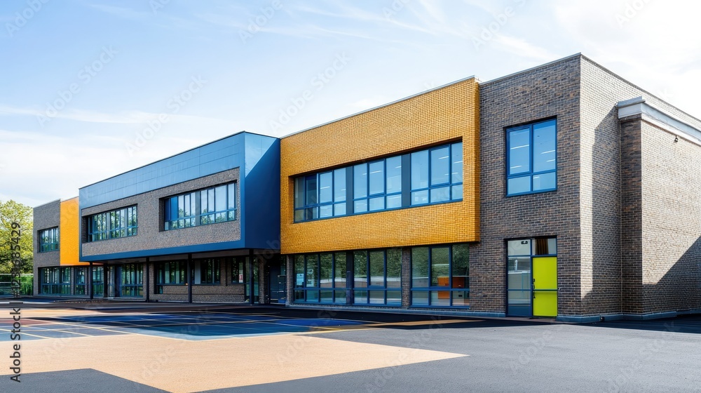 A modern, architecturally designed school building with no people, featuring large outdoor areas and space for copy A modern, architecturally designed school building with no people, featuring large outdoor areas and space for copy