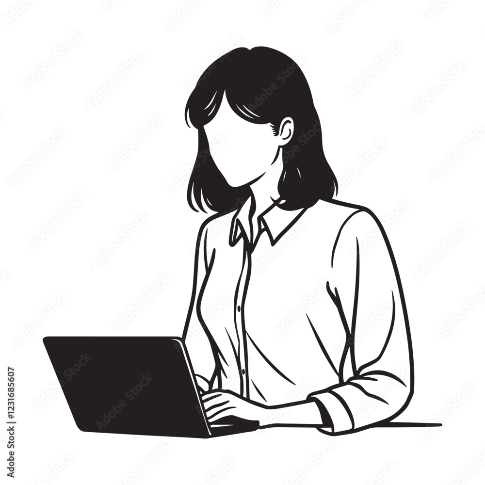 female office worker illustration in black and white using a laptop for business concept female office worker illustration in black and white using a laptop for business concept