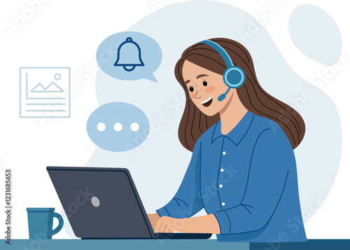 Illustration of a female customer service representative working at a desk. She is typing on a laptop.