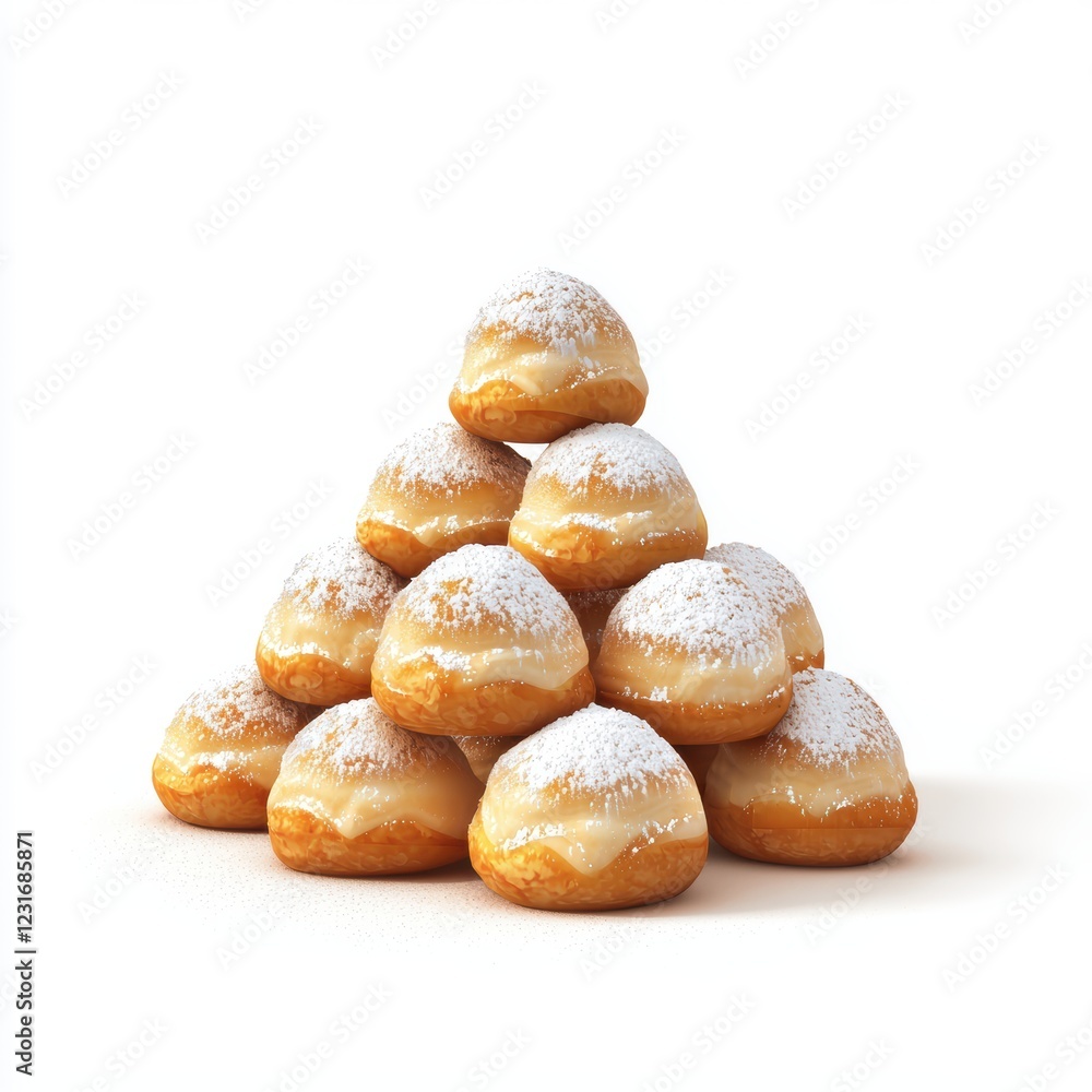 Profiteroles stacked in a pyramid with powdered sugar dusting, centered on a clean white background