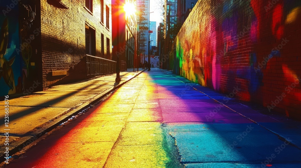 Fototapeta premium A colorful street with a rainbow painted on the wall. The street is lined with buildings and has a sidewalk