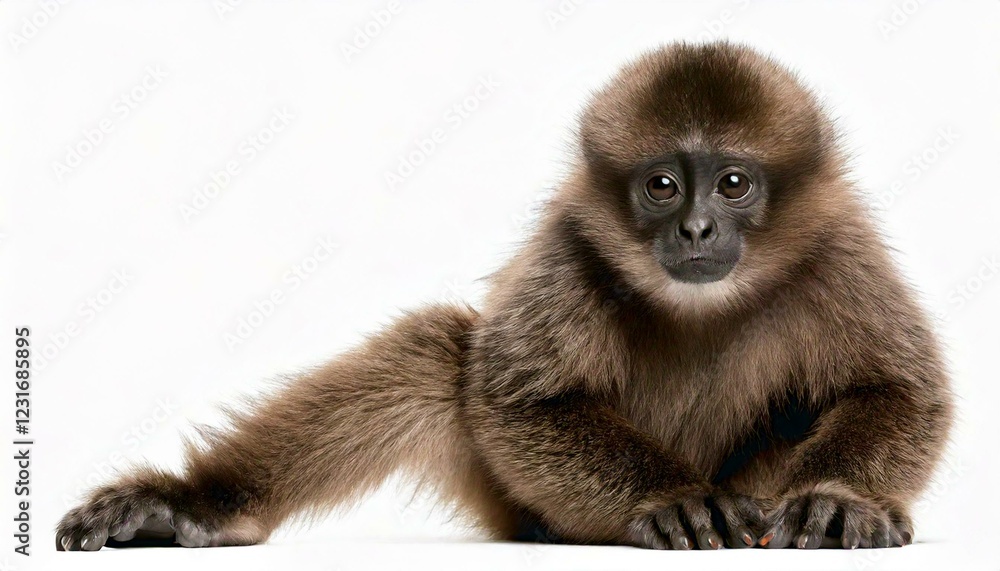 Obraz premium Young Pileated Gibbon, 4 months old, sitting in front of white