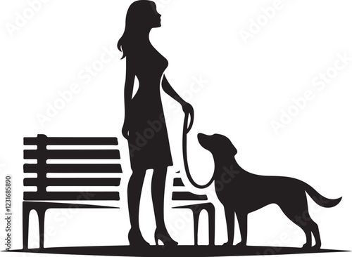 Silhouette of a Woman with a Dog on a Bench – Vector Logo Icon
