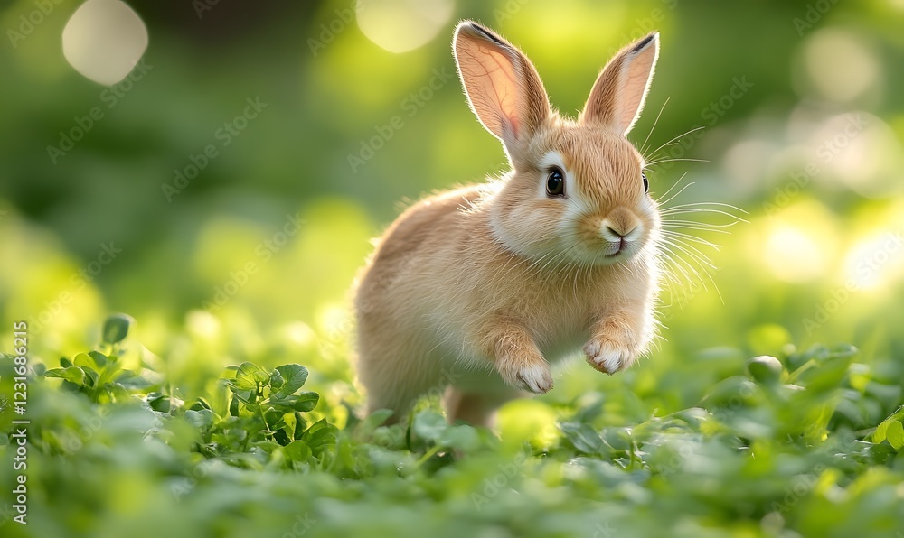 Rabbit running around in green grass, Generative AI Rabbit running around in green grass, Generative AI