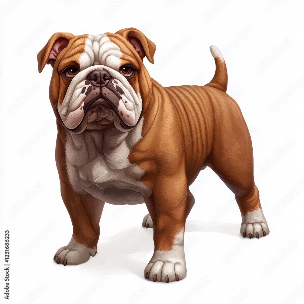 English Bulldog with a stocky build and a droopy face, centered on a clean white background English Bulldog with a stocky build and a droopy face, centered on a clean white background