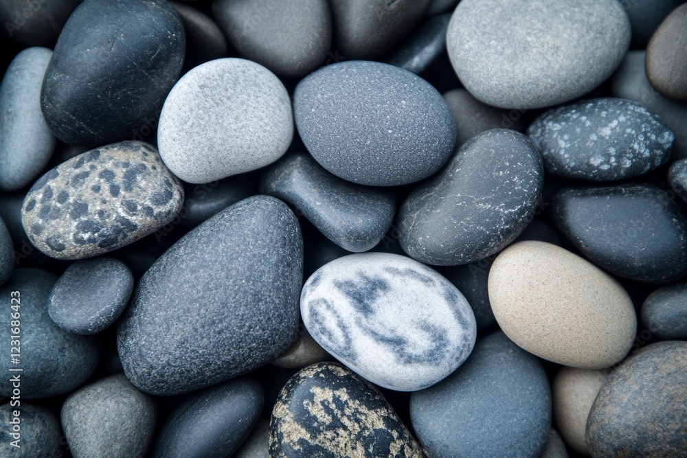 Full-frame close-up of beautifully arranged river rocks. The stone comes in shades of grey, black and white, with subtle textures and natural patterns. Full-frame close-up of beautifully arranged river rocks. The stone comes in shades of grey, black and white, with subtle textures and natural patterns.
