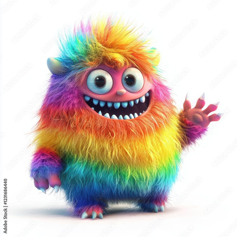 Rainbow-striped monster with soft fluffy fur and a friendly wave, placed on a bright white background Rainbow-striped monster with soft fluffy fur and a friendly wave, placed on a bright white background