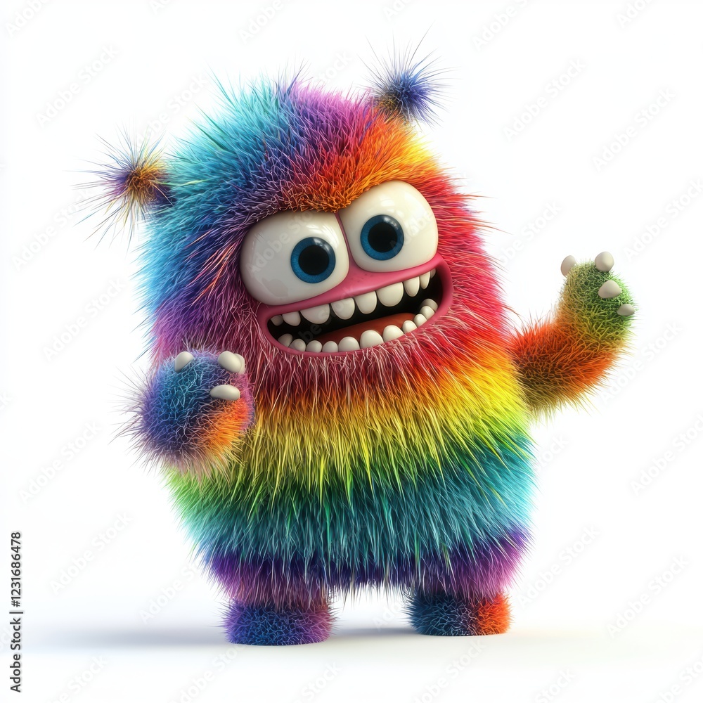 Rainbow-striped monster with soft fluffy fur and a friendly wave, placed on a bright white background Rainbow-striped monster with soft fluffy fur and a friendly wave, placed on a bright white background