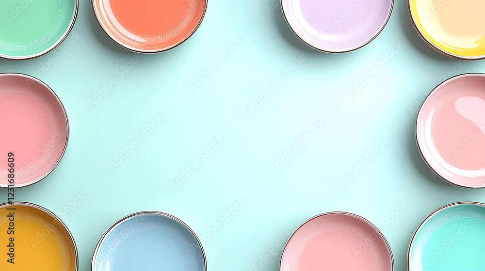 Colorful Dinner Plates Arranged in a Circular Pattern on a Light Blue Background for Modern Table Settings Colorful Dinner Plates Arranged in a Circular Pattern on a Light Blue Background for Modern Table Settings