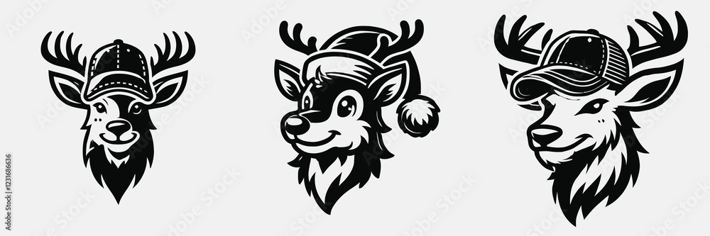 Obraz premium Three cartoon deer heads wearing hats, showcasing different styles and expressions, ideal for festive or playful themes.