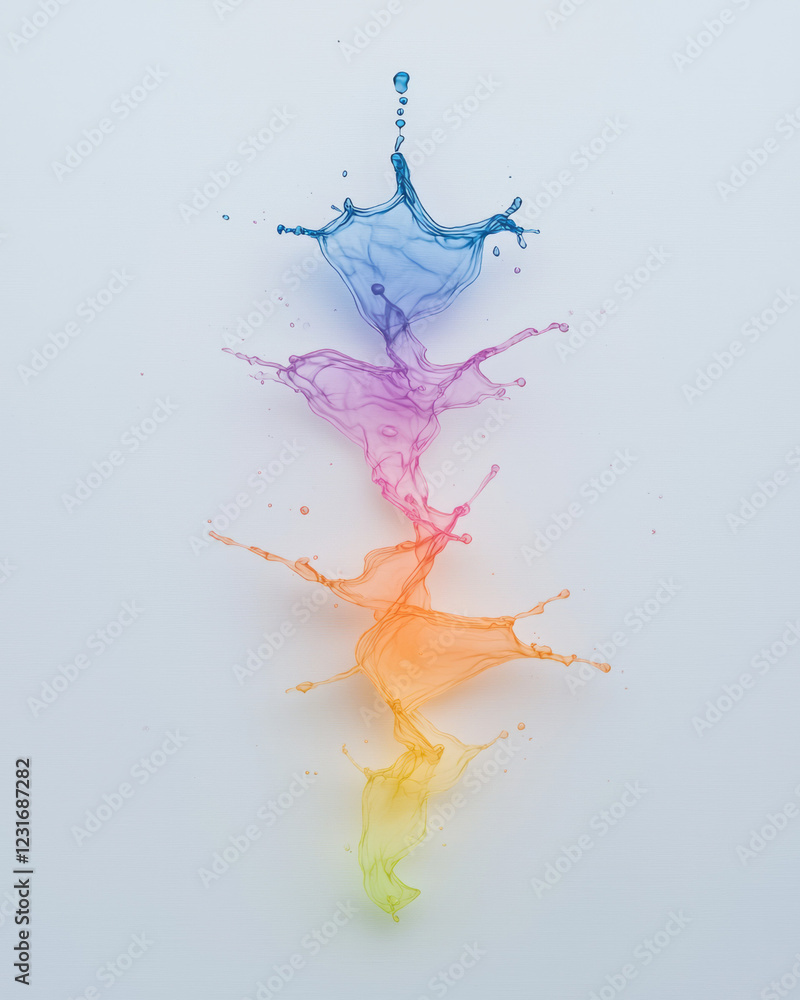 Obraz premium A slow-motion conceptual shot showing a drop of colored liquid merging with water, forming intricate swirling designs against a white backdrop,
