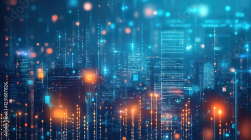 Wallpaper Mural Abstract digital cityscape with glowing skyscrapers and holographic overlays, no people, copy space Torontodigital.ca