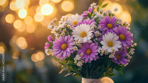 Wallpaper Mural International Women's Day: Vibrant Purple and White Floral Bouquet, Ethereal Bokeh, Golden Hour Glow, Elegant Silk Ribbon, Minimalist Arrangement. Celebrating The Strength and Beauty of Women. Torontodigital.ca