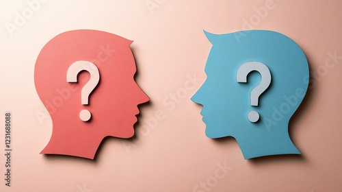 Two-headed profile with question marks. Ideal for psychology and communication concept content.