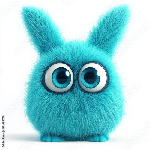 Fluffy cyan monster with long floppy ears and big round eyes, isolated on a clean white background