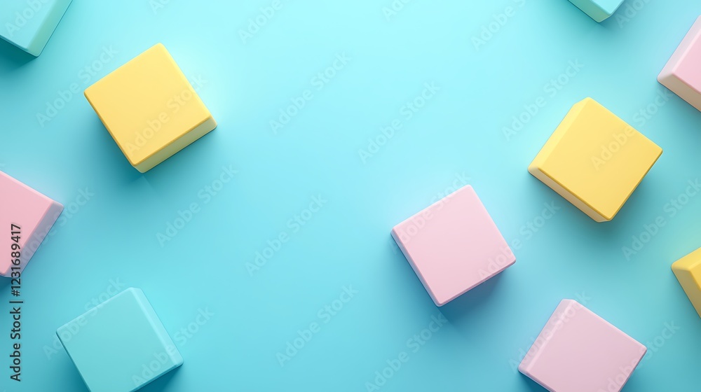 Colorful geometric blocks scattered on a vivid blue background creating a playful and vibrant composition Colorful geometric blocks scattered on a vivid blue background creating a playful and vibrant composition