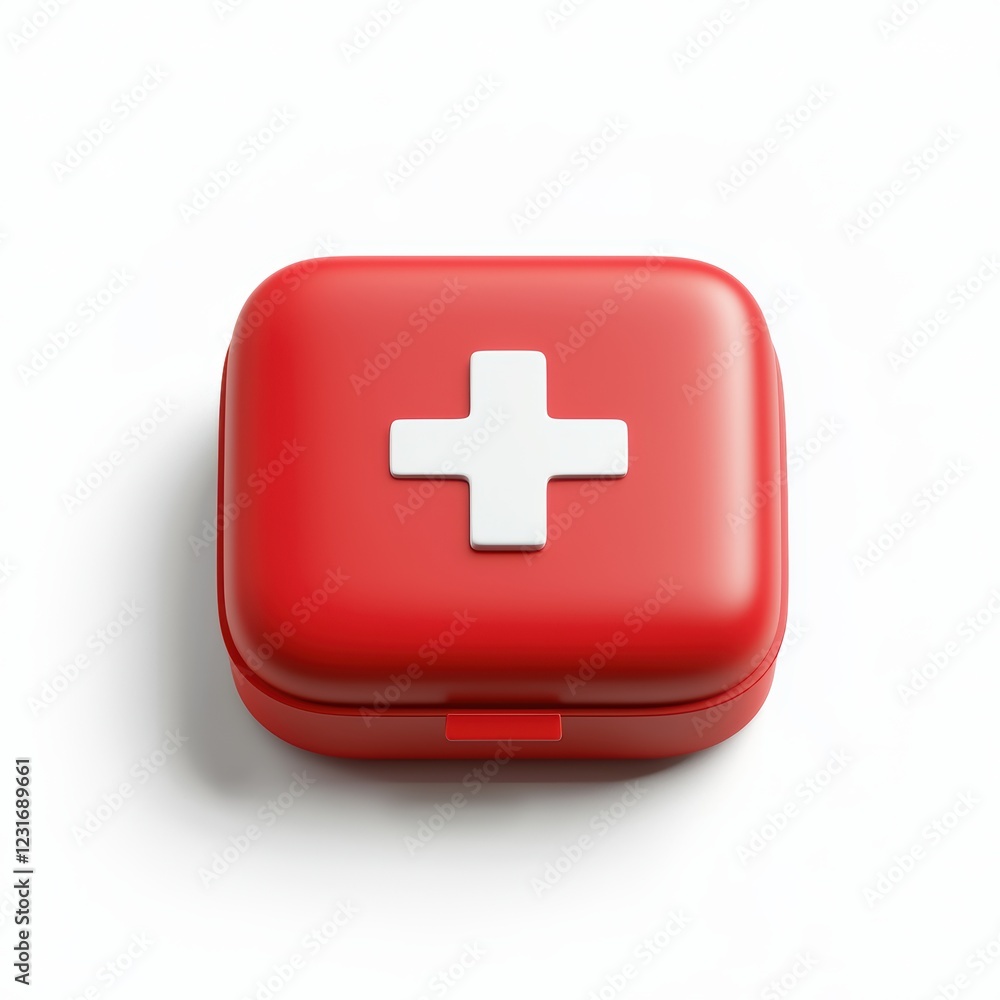 Obraz premium Red first aid kit with a white cross on the lid, isolated on a clean white background