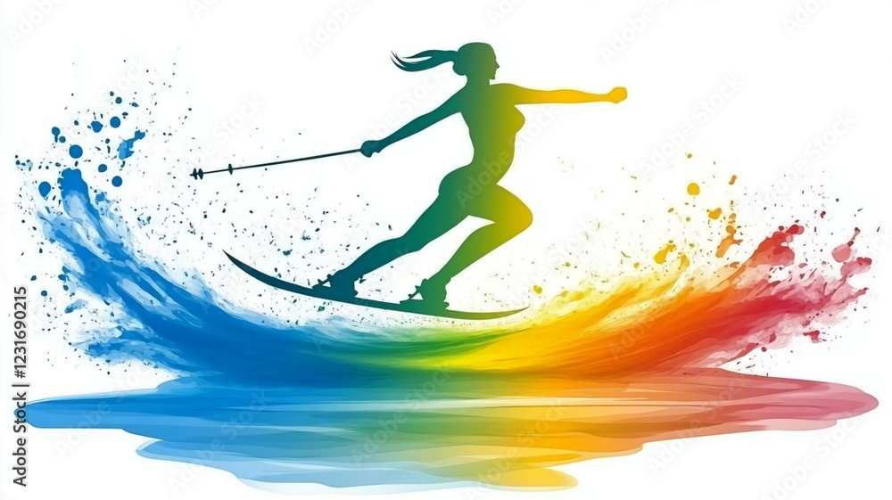 Fototapeta premium Vibrant Waterskiing Silhouette with Colorful Splash and Motion Effect