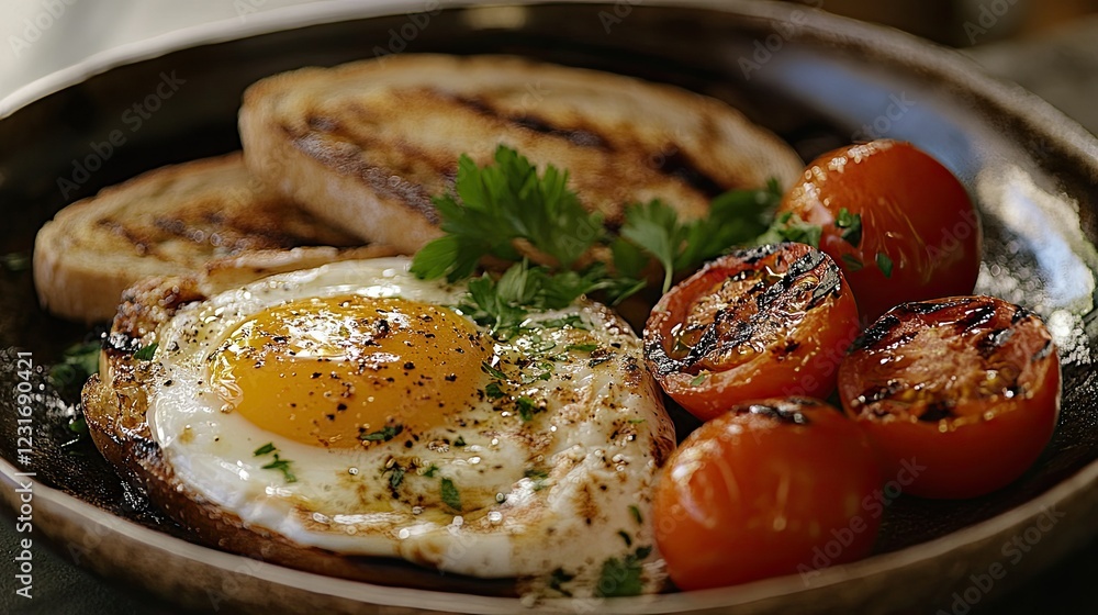 Close-up of an English breakfast featuring eggs, grilled tomatoes, toast, and parsley garnish on a rustic plate Close-up of an English breakfast featuring eggs, grilled tomatoes, toast, and parsley garnish on a rustic plate