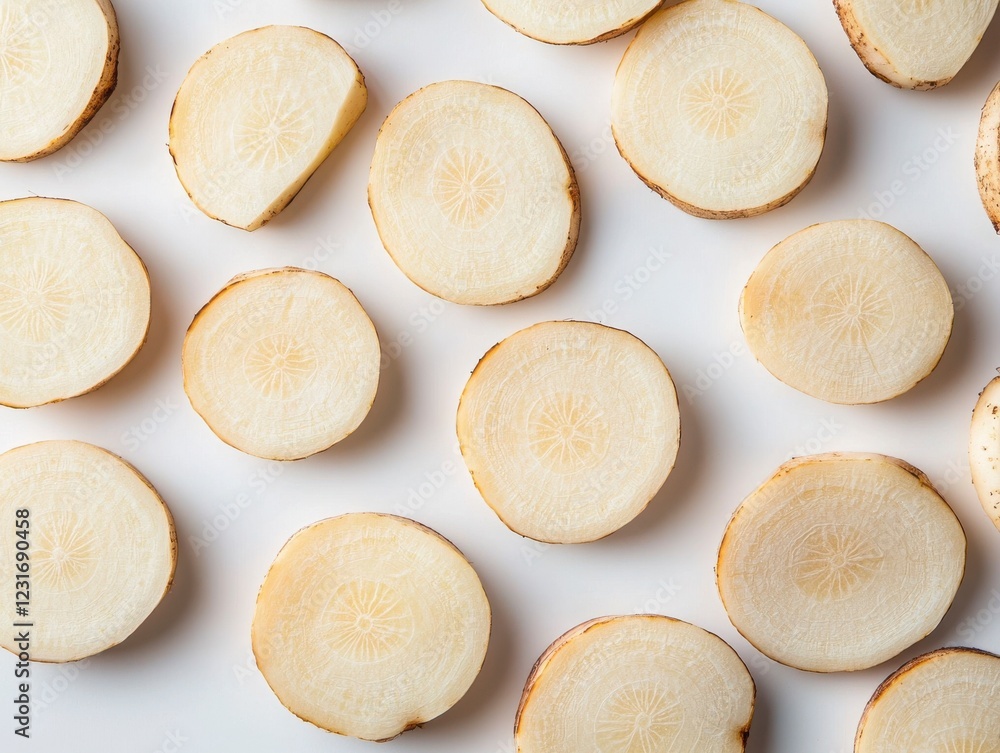 Freshly Cut Slices of White Root Vegetable on White Background Freshly Cut Slices of White Root Vegetable on White Background
