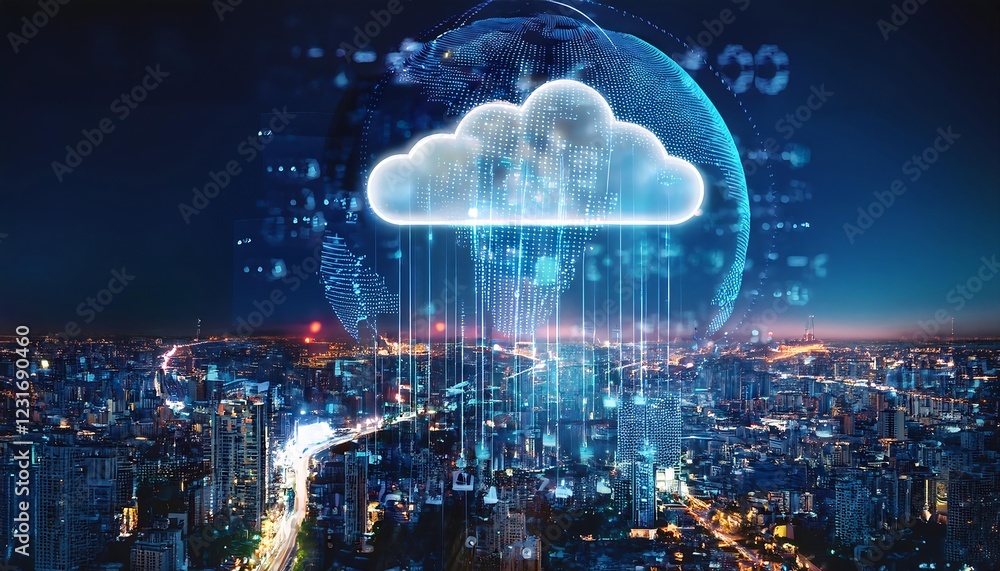 image of cloud computing and digital data transfer with computing networked across cities country and globe with virtualization approach image of cloud computing and digital data transfer with computing networked across cities country and globe with virtualization approach