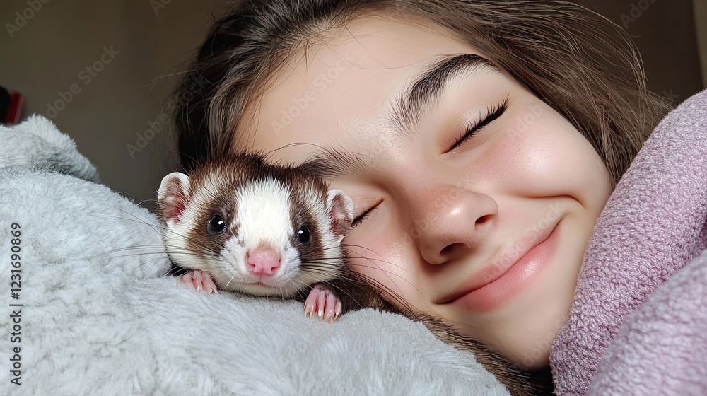 Girl Sleeping Peacefully With Her Ferret Pet Girl Sleeping Peacefully With Her Ferret Pet