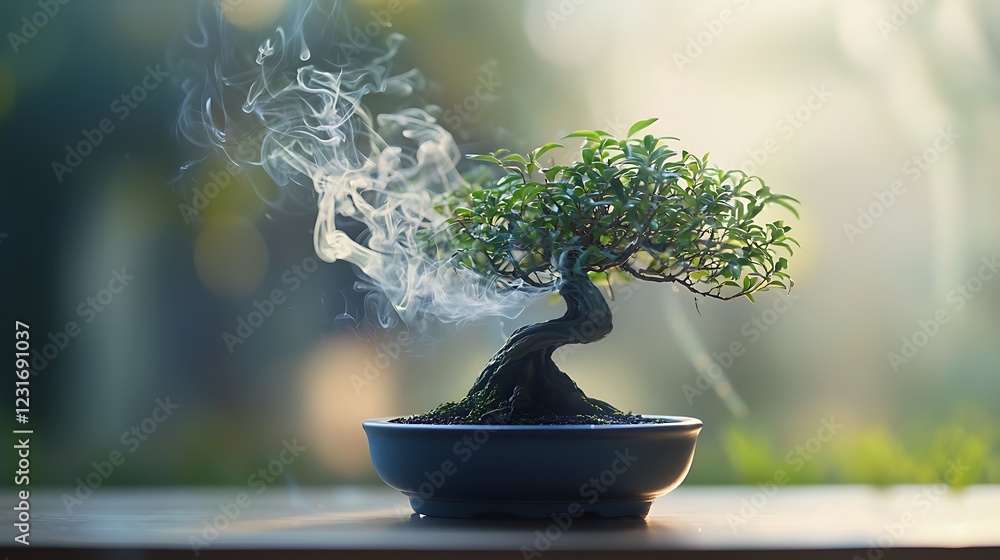 Elegantly Curved Bonsai Tree with Smoky Tendrils Illuminated by Soft Sunlight Elegantly Curved Bonsai Tree with Smoky Tendrils Illuminated by Soft Sunlight