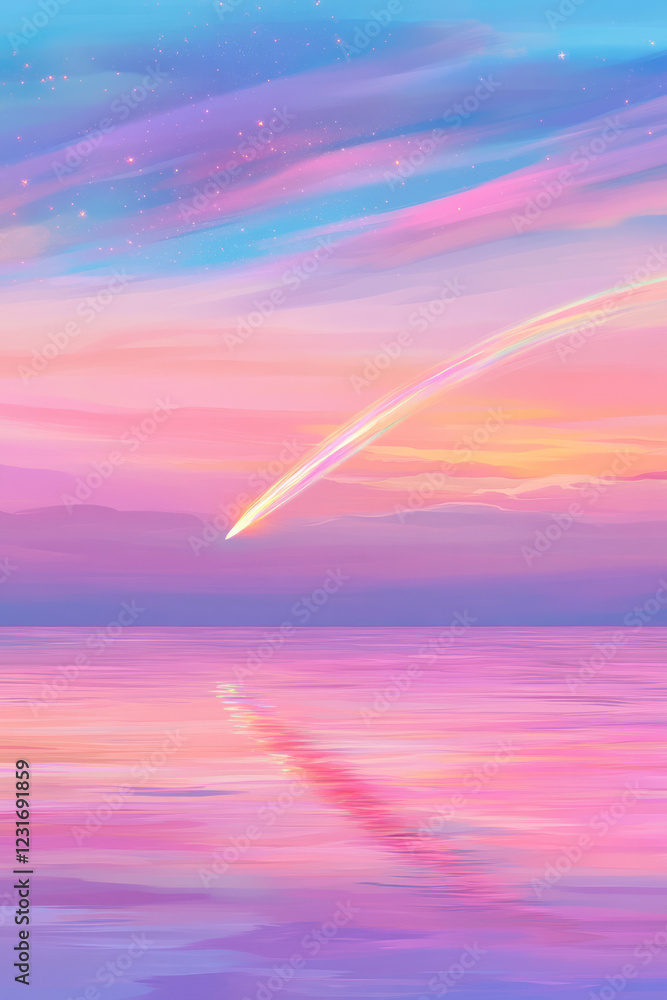 An artistic digital artwork blending soft pink and gold sunset hues with a glowing comet crossing the sky, mirrored gently by the still waters below, An artistic digital artwork blending soft pink and gold sunset hues with a glowing comet crossing the sky, mirrored gently by the still waters below,