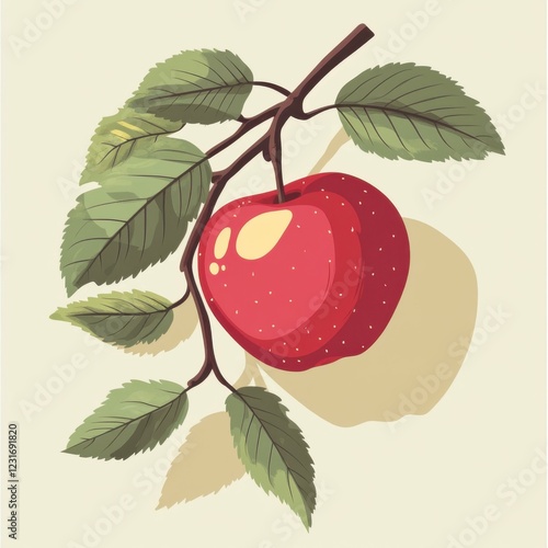 vector style flat illustration apple, macro, rustic-themed, warm apple placed with leaves, inviting and rich fruit presentation. clean lines 2D design photo