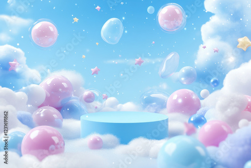 whimsical scene featuring pastel blue podium surrounded by soft clouds, colorful bubbles, and stars, creating dreamy atmosphere