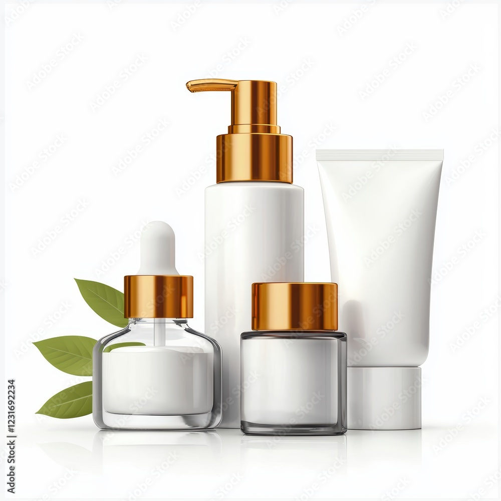 skincare set with facial cream, toner, and serum bottles, placed on a bright white background skincare set with facial cream, toner, and serum bottles, placed on a bright white background