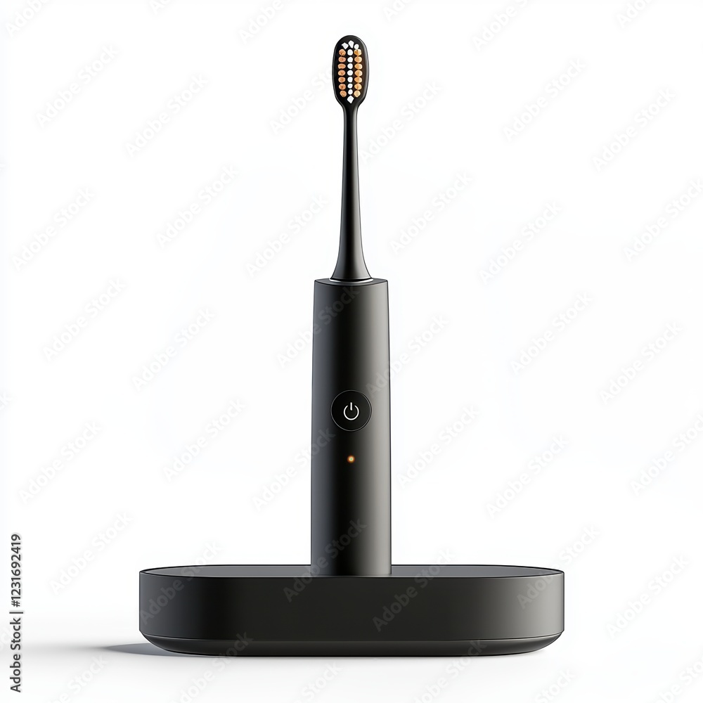 Sleek electric toothbrush with a wireless charging stand, placed on a bright white background Sleek electric toothbrush with a wireless charging stand, placed on a bright white background