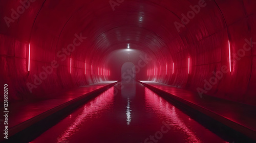 Fototapeta Naklejka Na Ścianę i Meble -  3D Illustration - Red Tunnel, Water, Light, Reflections, Dark, Futuristic, Architecture, Corridor, Underground, Mystery